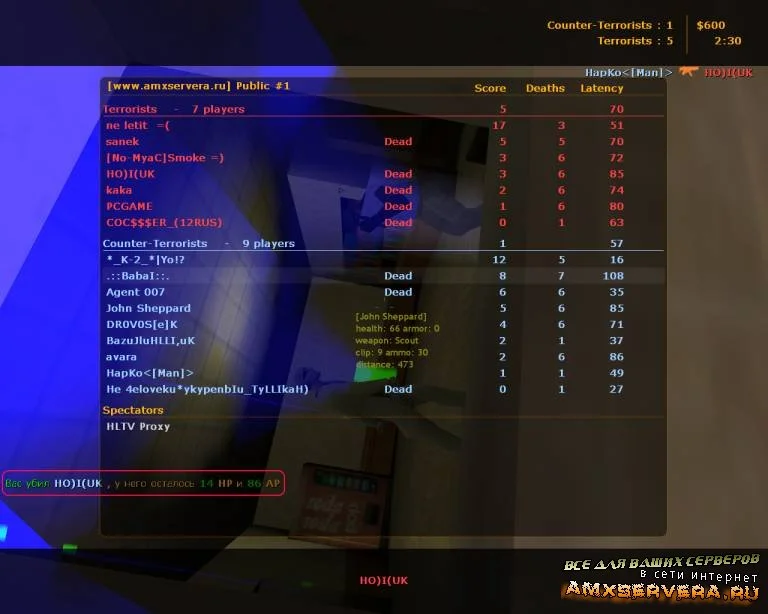 Плагин «Killa HP — Показывает сколько HP осталось» для CS 1.6